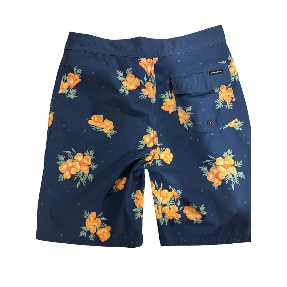Quiksilver Boys‎ Navy Blue Orange Floral Poppy Board Shorts Swim Trunks